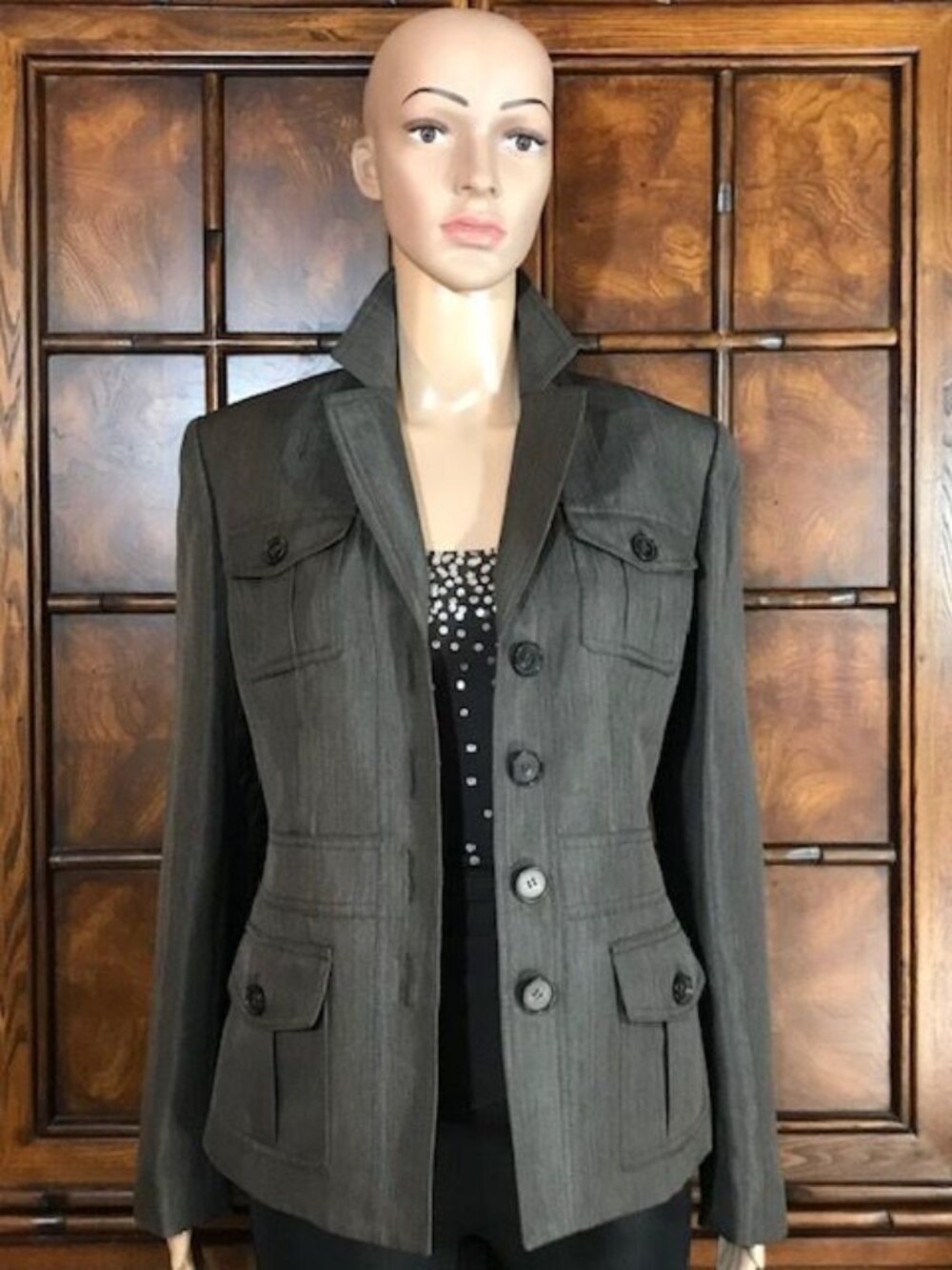 Kasper Brazilian Sky Deep Taupe Chocolate Shadow Stripe Modern Safari Jacket